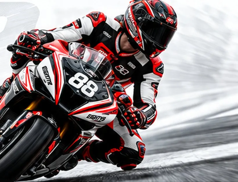 Rider in red, black and white Eighty8 race suit leaning a sportbike through a corner